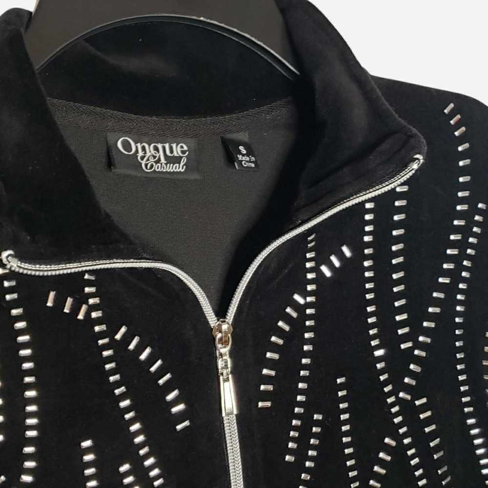 Onque Casual Women's Light Jacket S Black Velvet Silver Accent Full Zipper NWOT